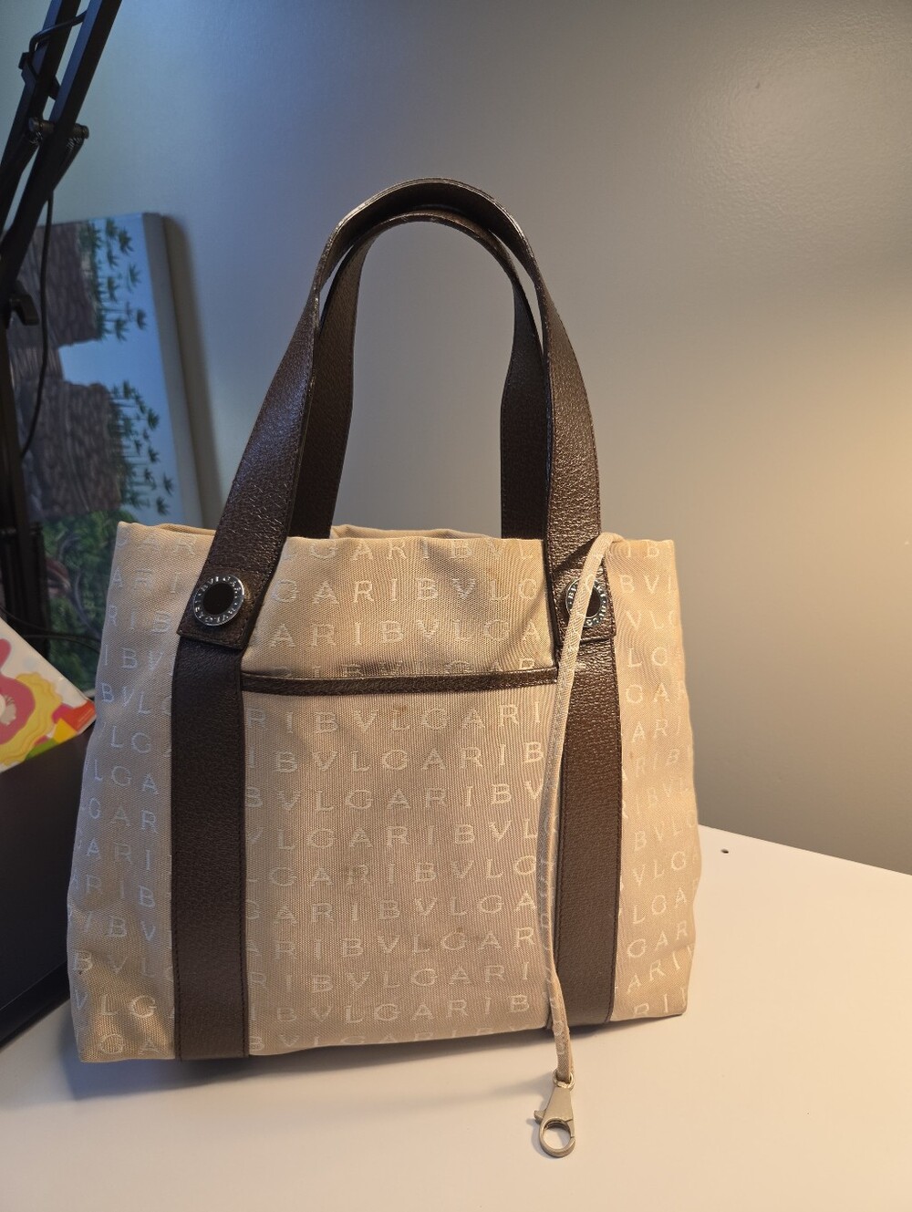 Bulgari Beige Canvas Tote with Dark Brown Leather Handles